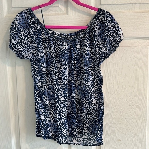 Lucky Brand Tops - Lucky Brand‎ Navy White Paisley Beaded Neckline Cotton Blouse XS Short Sleeve